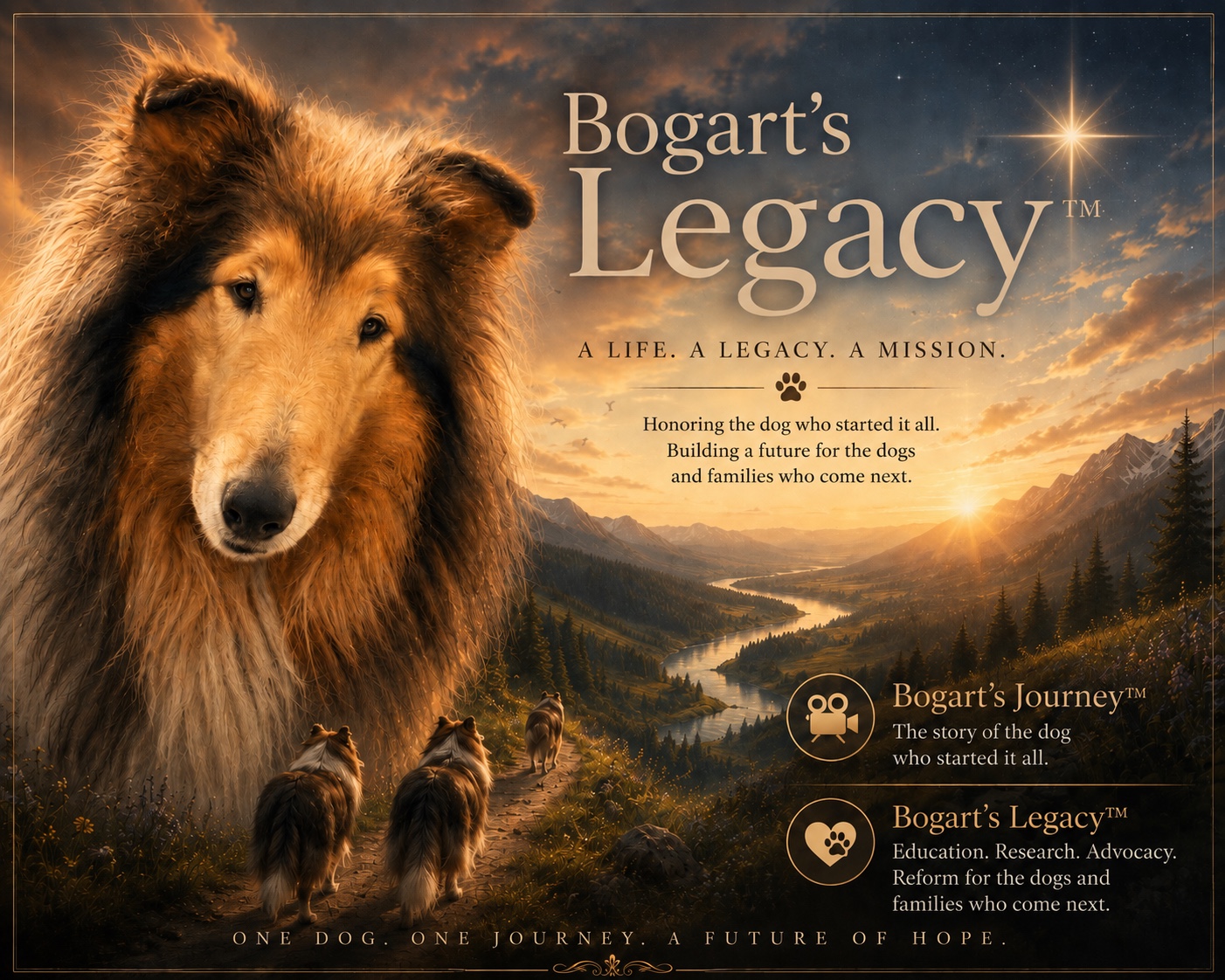 Bogart against a golden mountain landscape with the words Bogart's Legacy